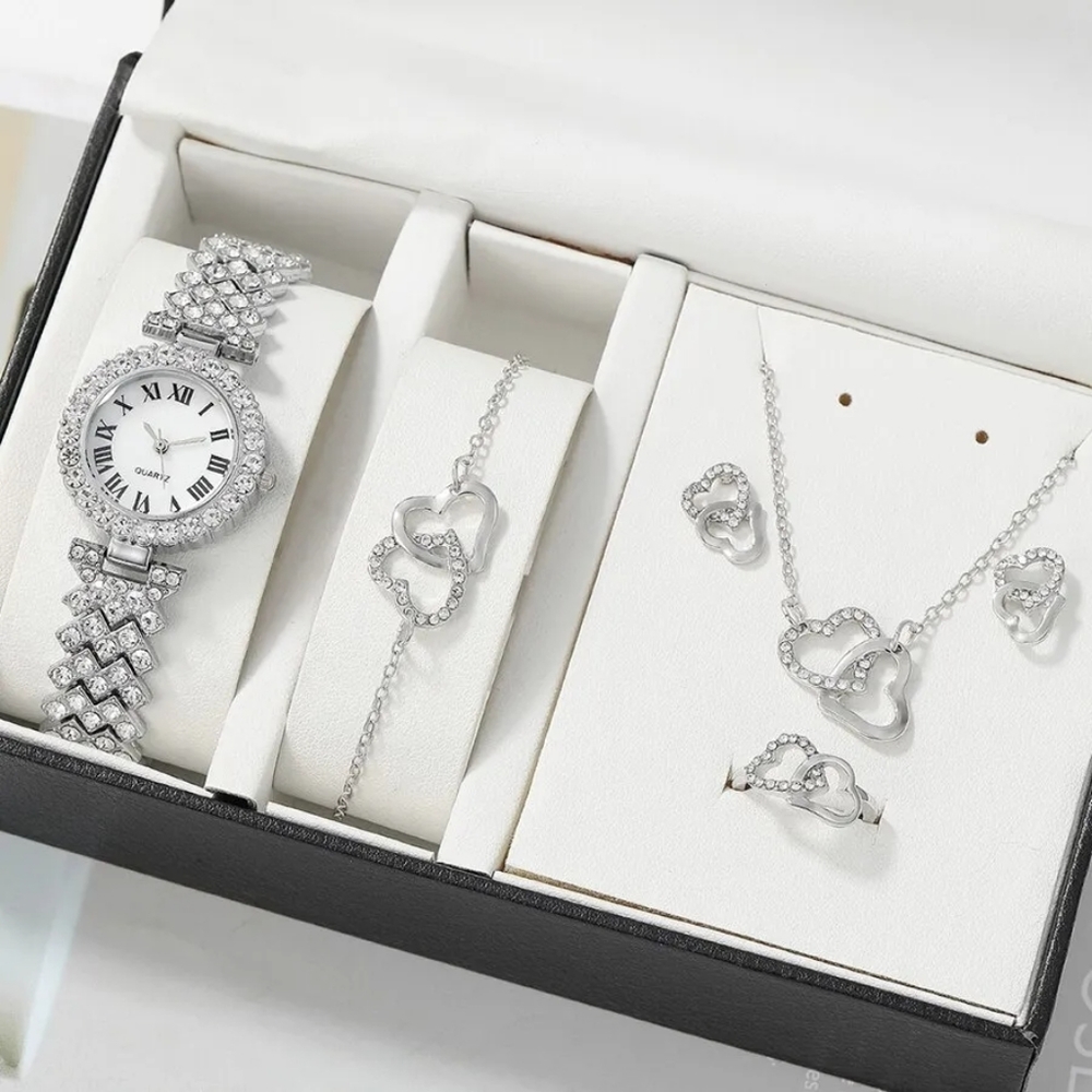 6pc Dainty Quartz Watch With Heart Jewelry Set For Women Rhinestone Set